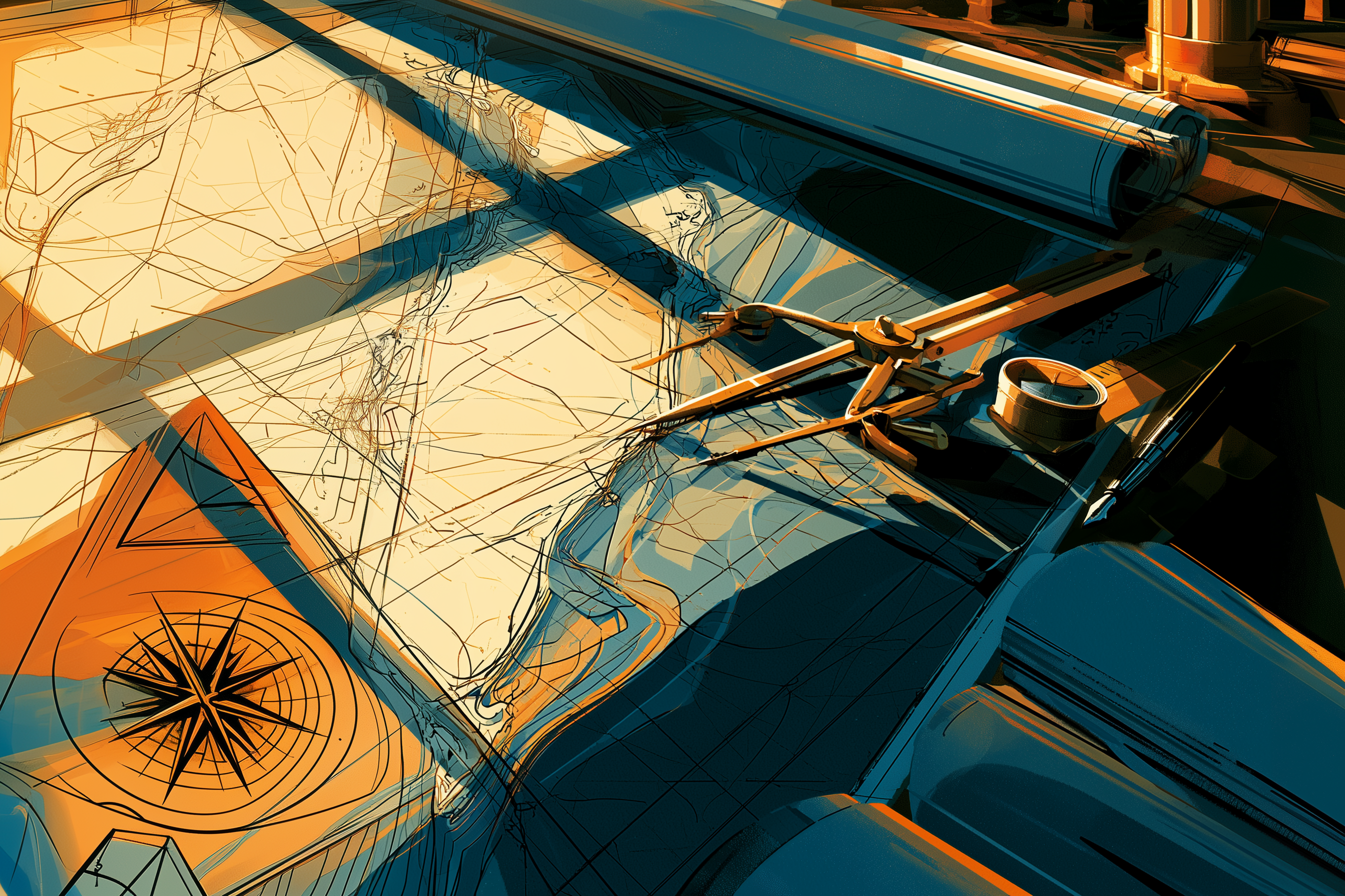 An editorial illustration of technical drawings, documents, and drafting tools for tax planning.