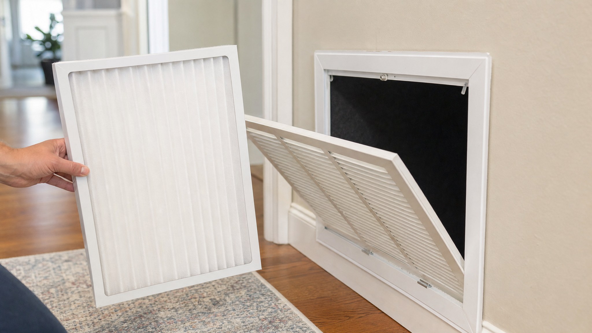 Clean pleated HVAC filter held beside an open return-air grille