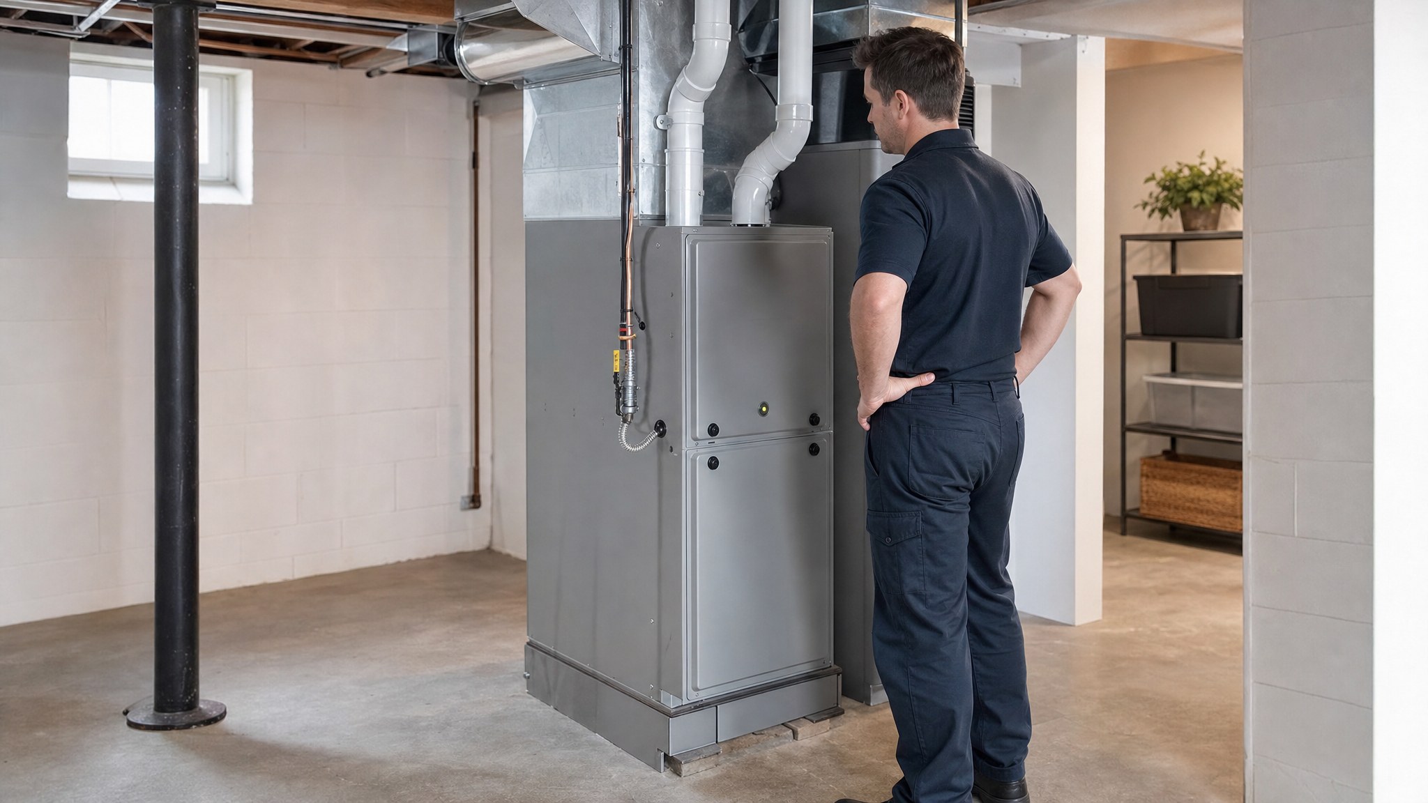 HVAC technician looking at a residential gas furnace in a clean utility room