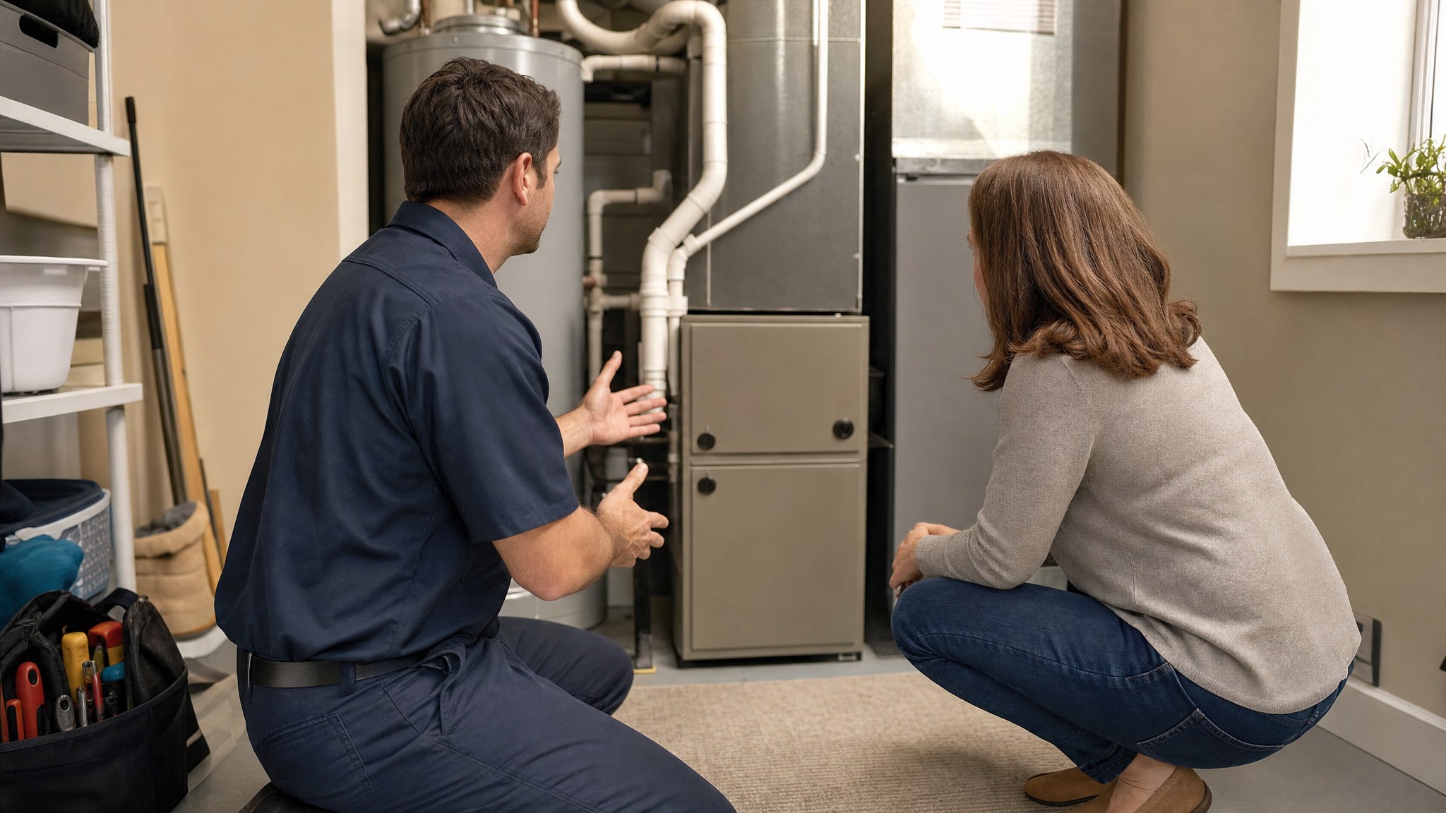 HVAC technician explaining a residential furnace service visit to a homeowner