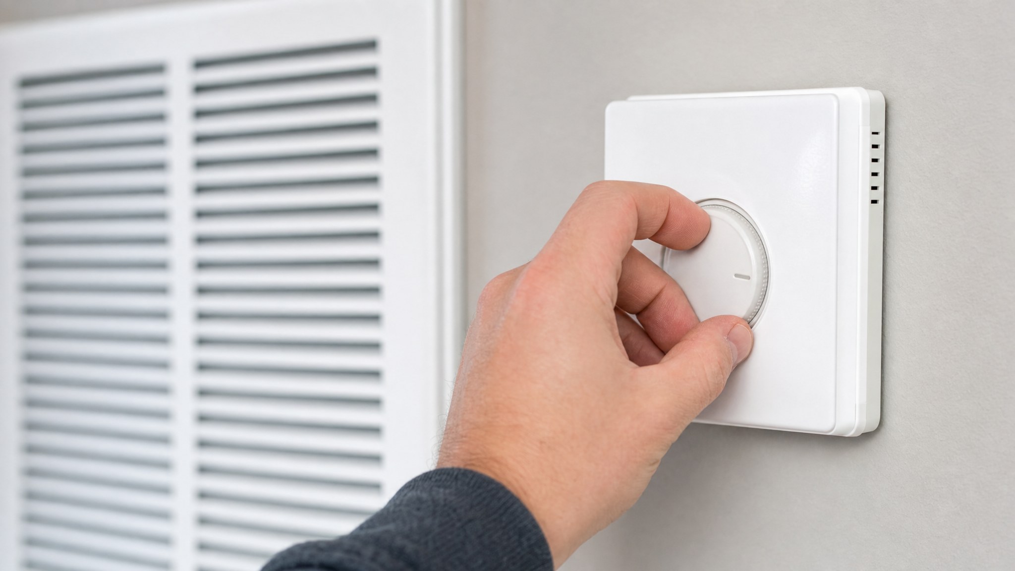 Hand adjusting a home thermostat beside a return-air grille