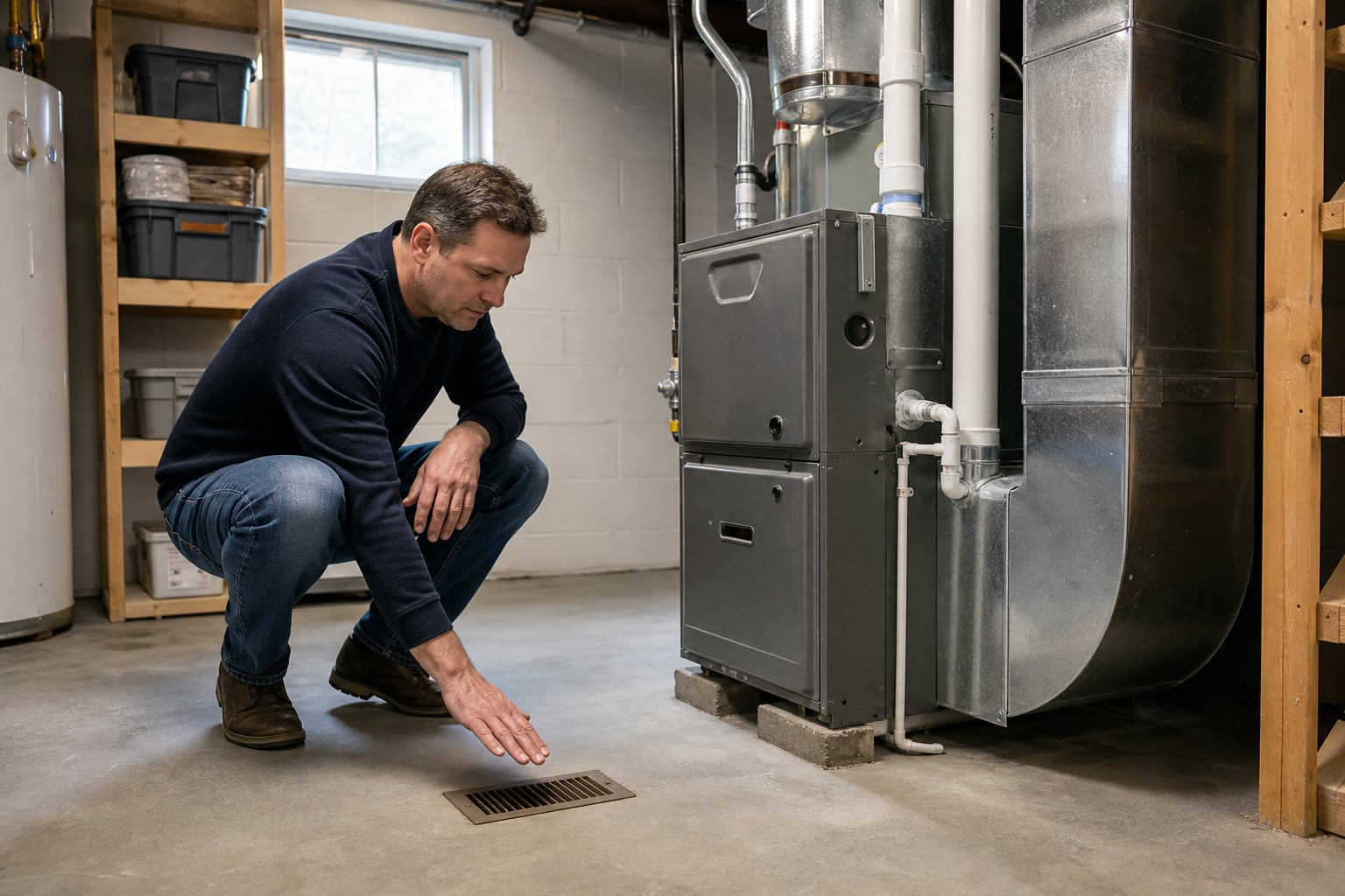 Homeowner checking cool air from a floor vent beside a furnace