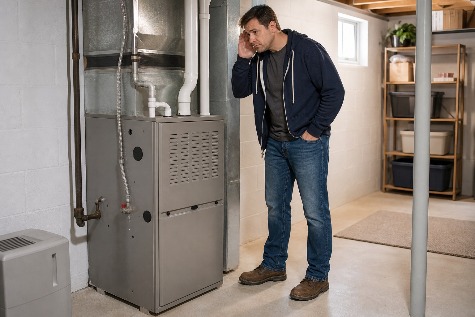 Homeowner listening beside a residential furnace in a utility room