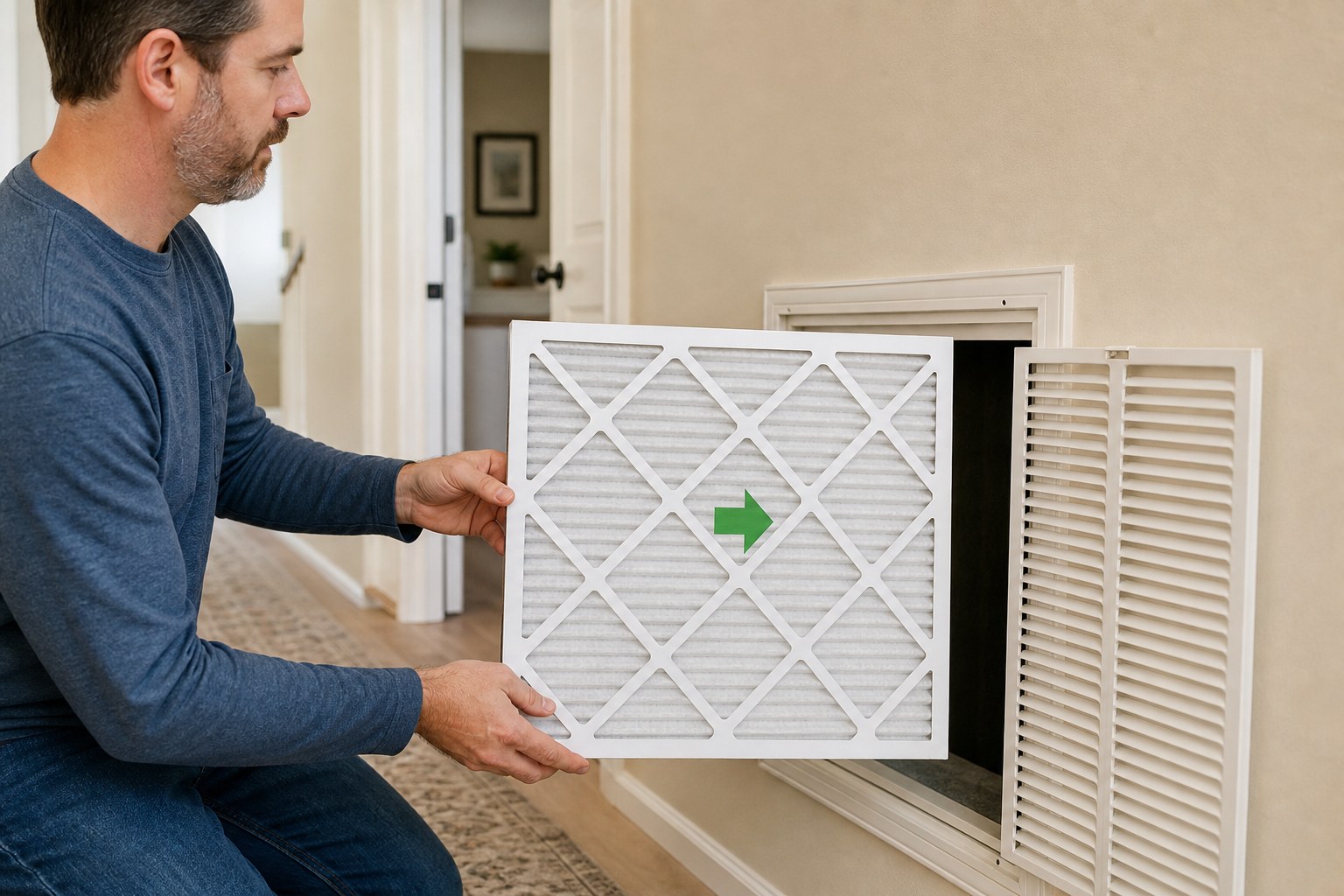 Homeowner checking a clean air filter beside a return-air grille