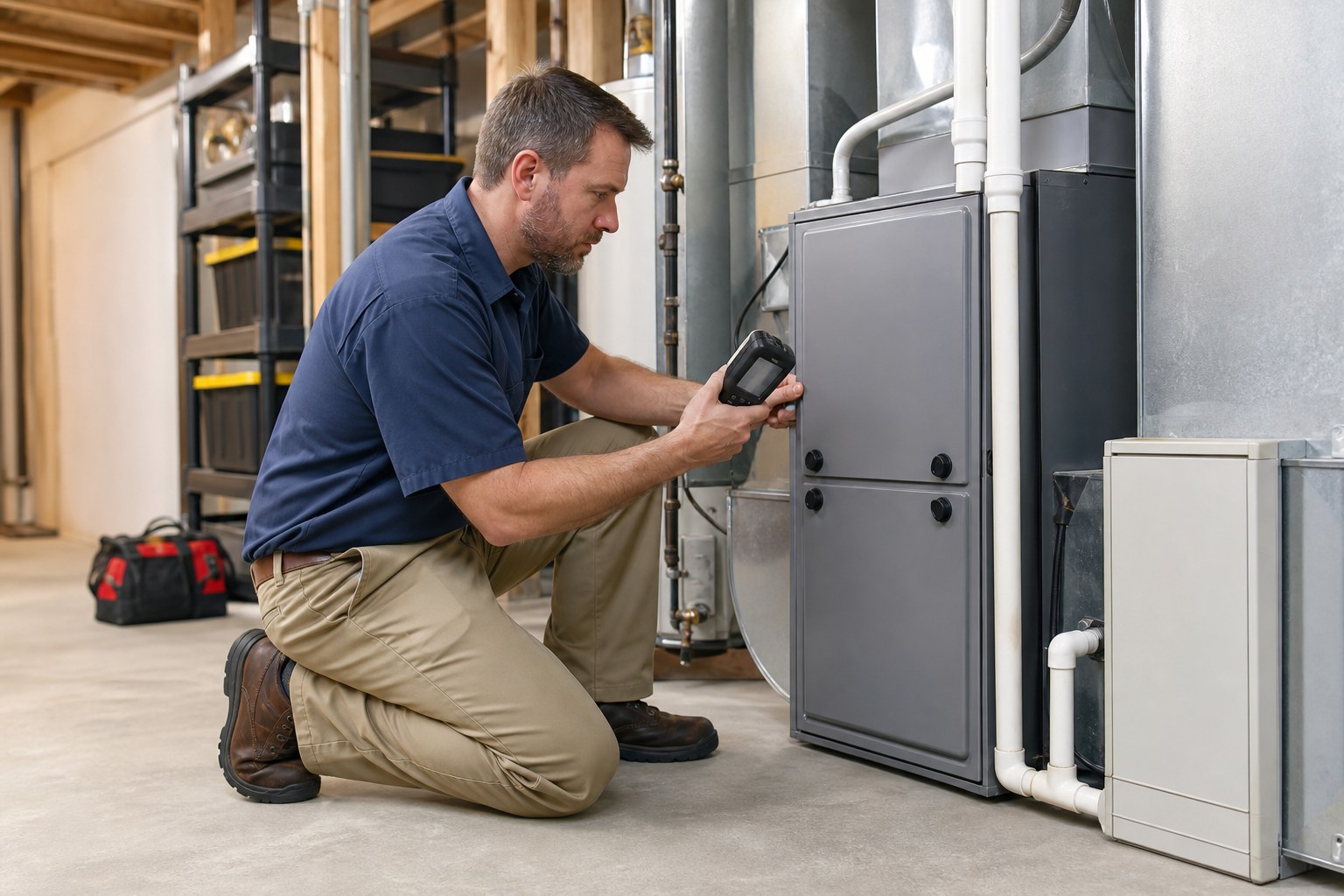 HVAC technician checking a residential furnace with a diagnostic tool