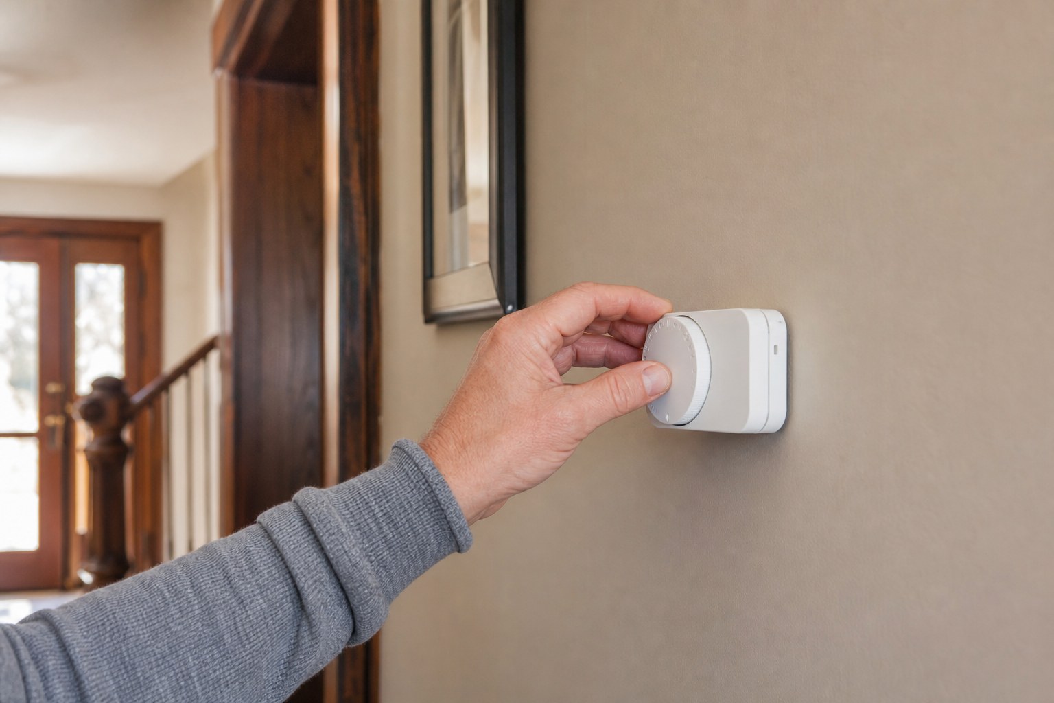 Homeowner adjusting a wall thermostat before checking a furnace