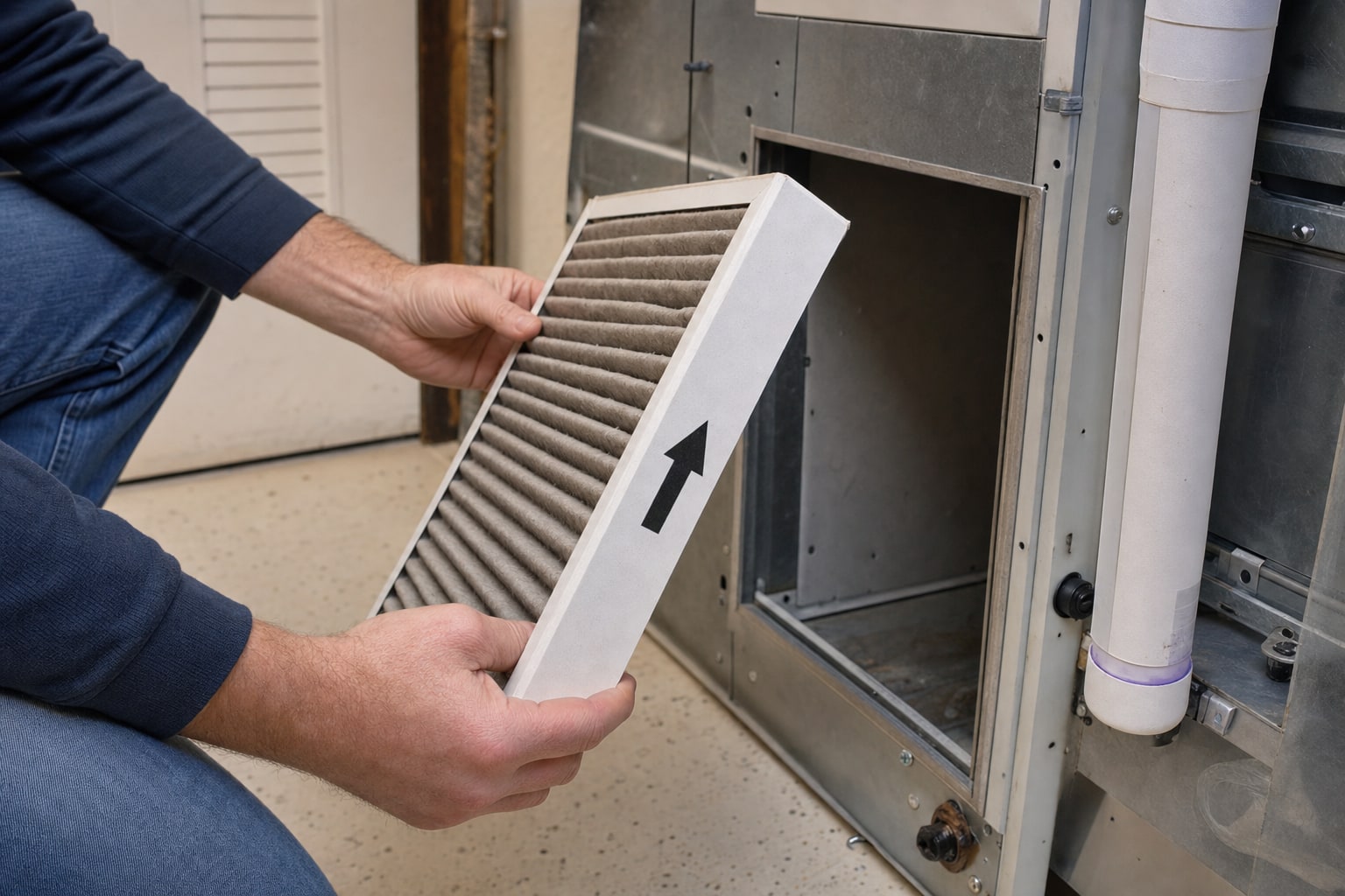 Homeowner checking a dusty furnace filter at an open filter slot