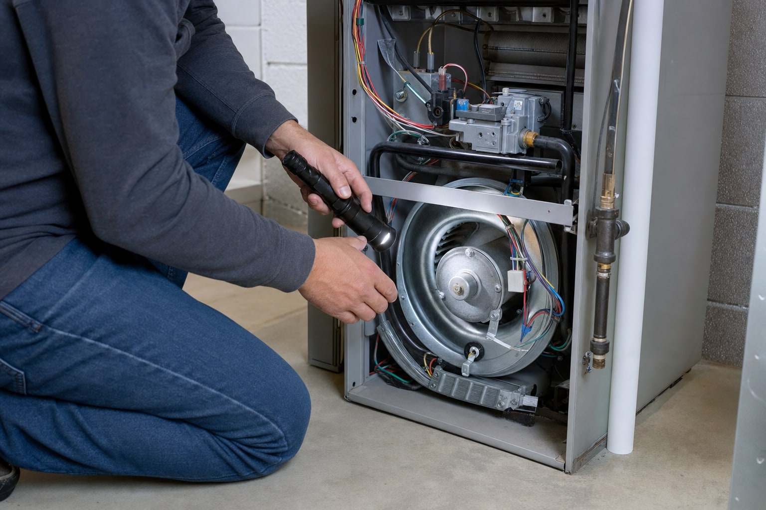 HVAC technician inspecting a furnace blower assembly