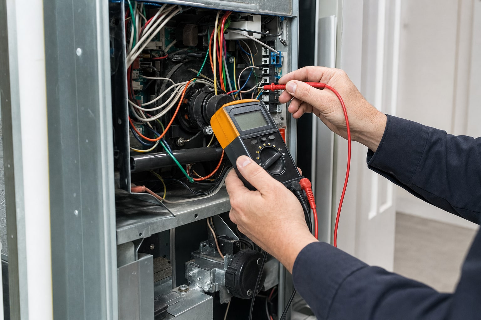 HVAC technician using a multimeter to diagnose a residential furnace