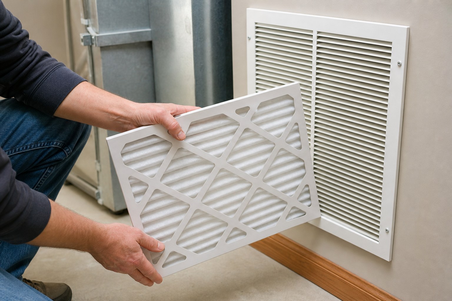 Homeowner holding a clean pleated furnace filter beside a return grille