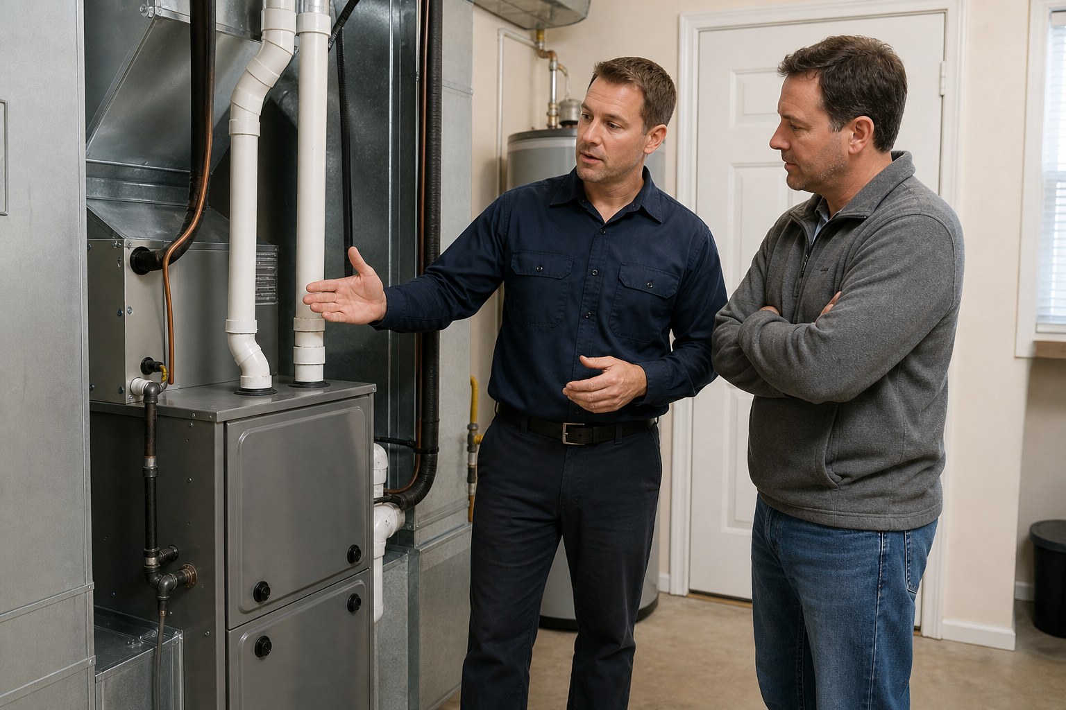 HVAC technician explaining furnace findings to a homeowner in a utility room