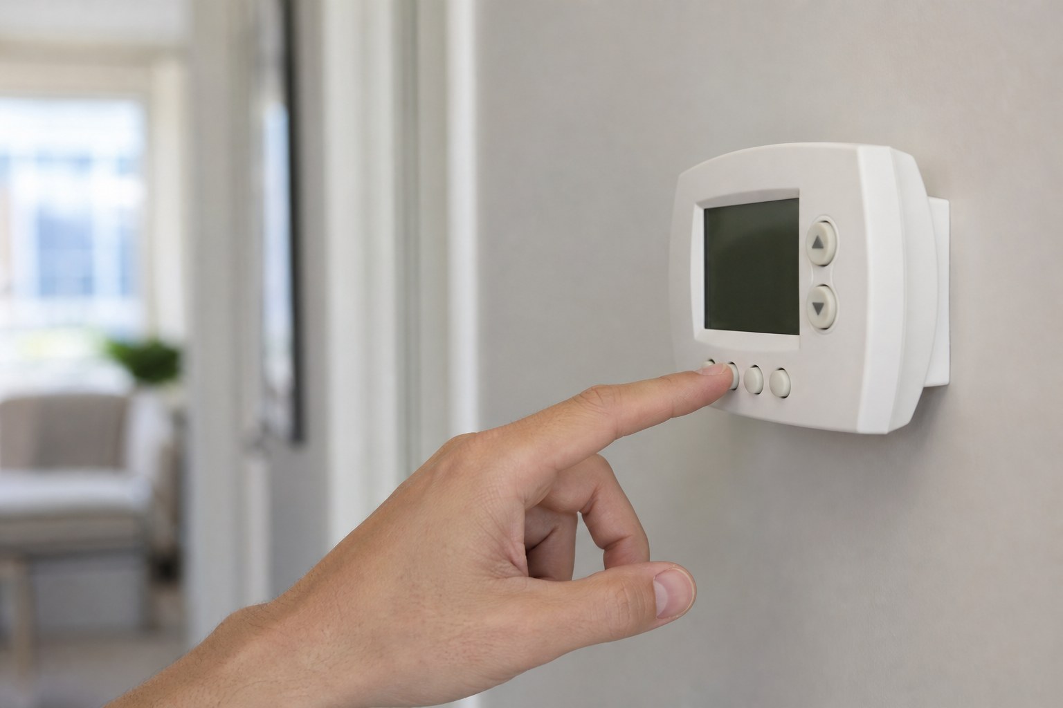 Homeowner adjusting a wall thermostat fan setting