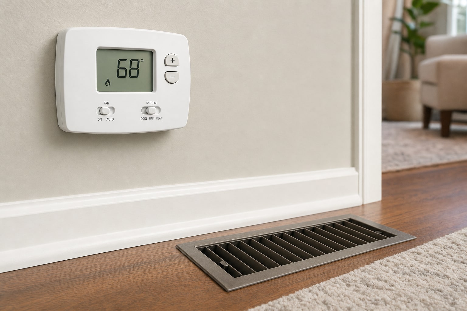 Thermostat set to heat above a floor supply register