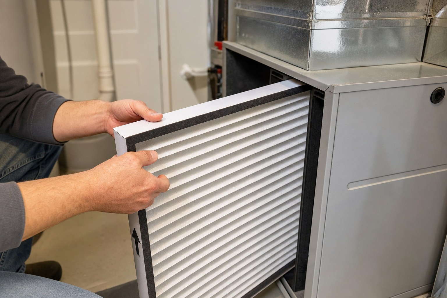 Homeowner sliding a new pleated furnace filter toward a return-air filter slot