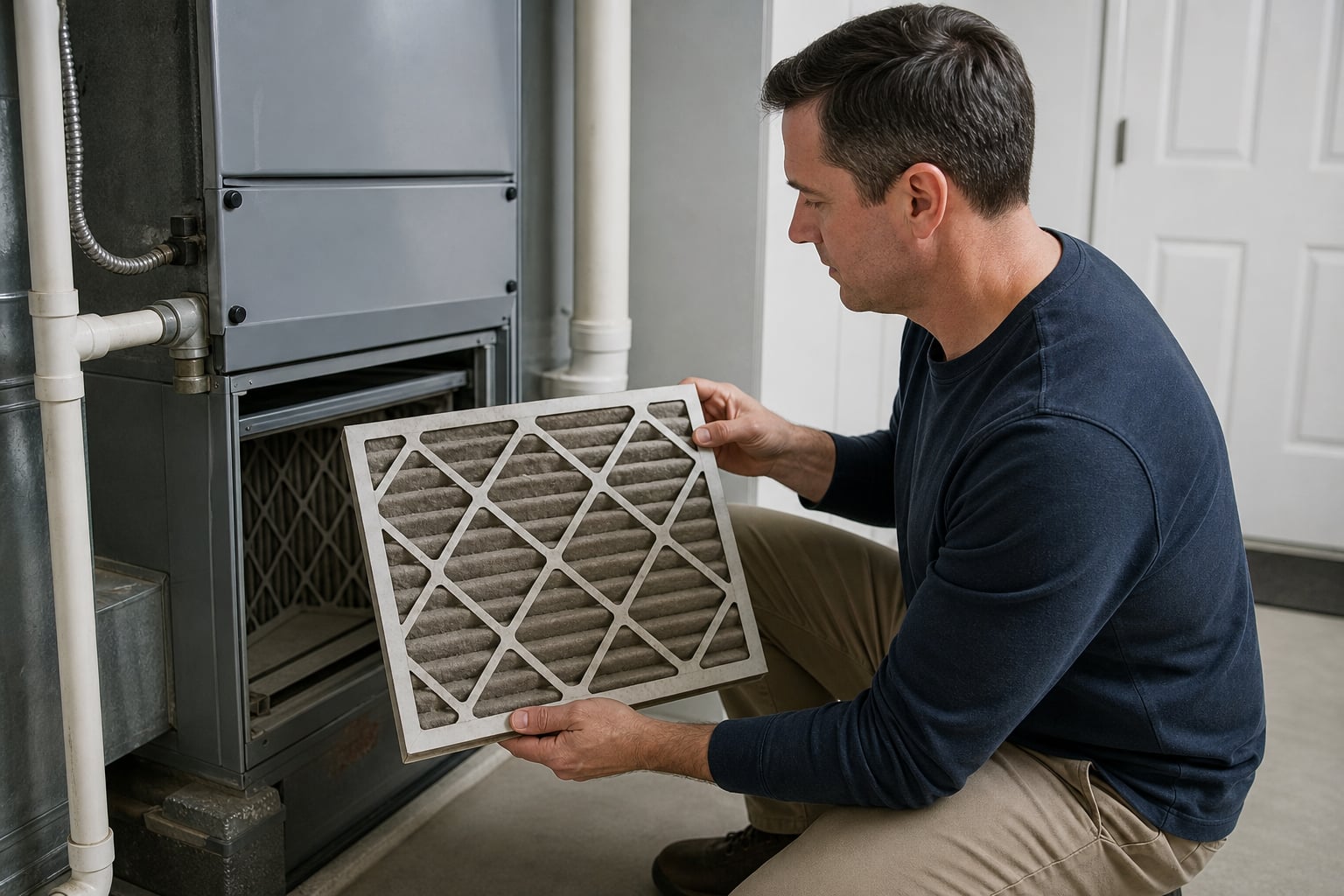 Homeowner checking a dusty furnace filter beside the filter slot