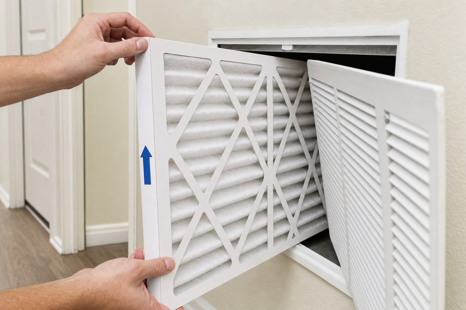 Homeowner replacing a pleated HVAC air filter