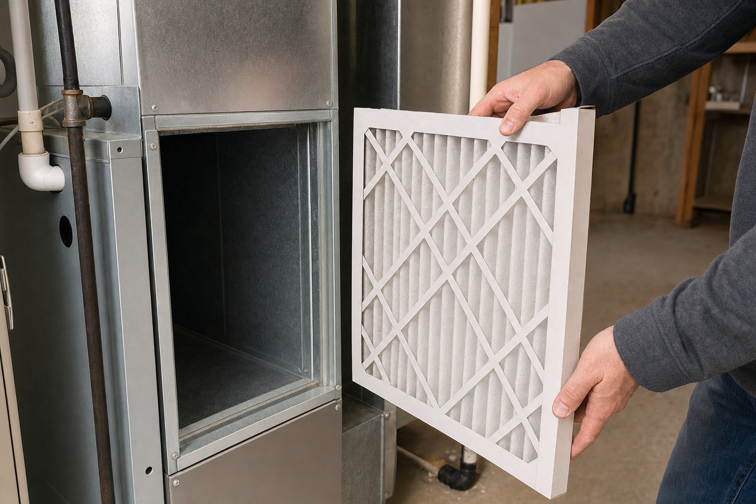 Homeowner holding a new furnace filter beside a return-air filter slot