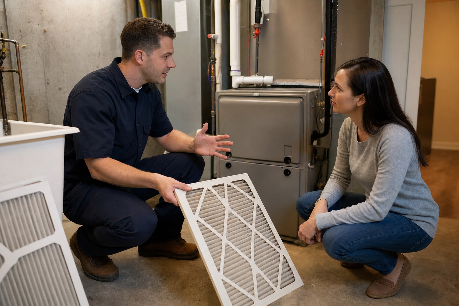 HVAC technician discussing routine furnace maintenance with a homeowner