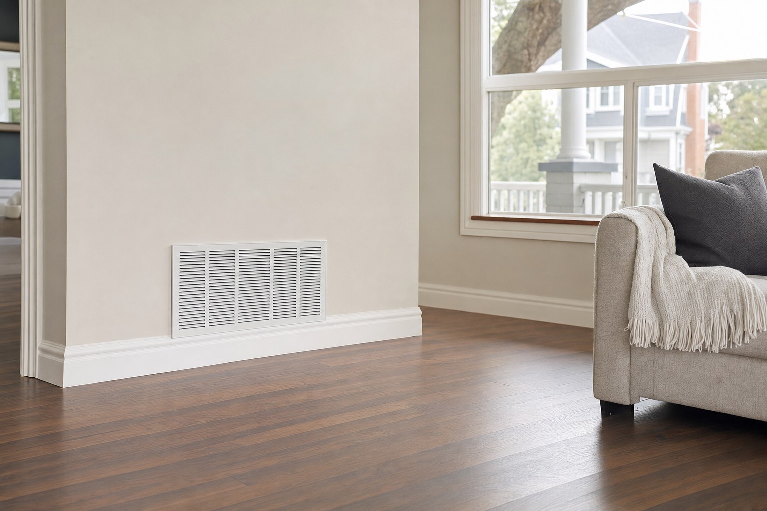 Unobstructed return-air grille in a bright living room