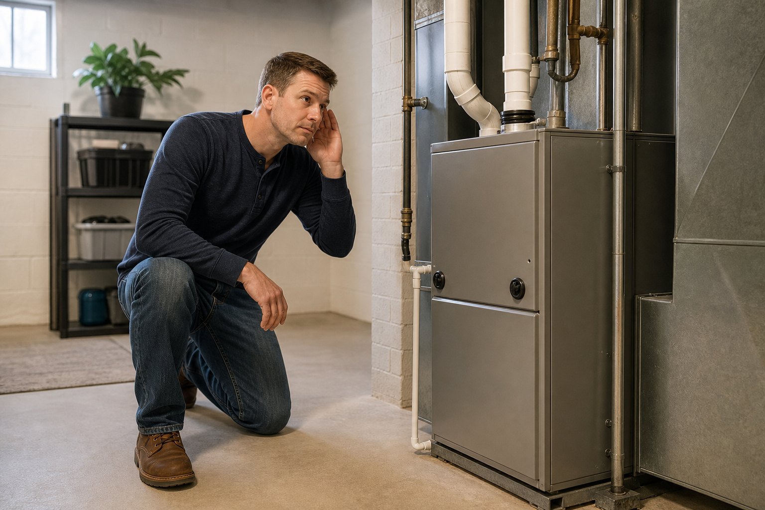 Homeowner listening beside a closed residential gas furnace in a utility room