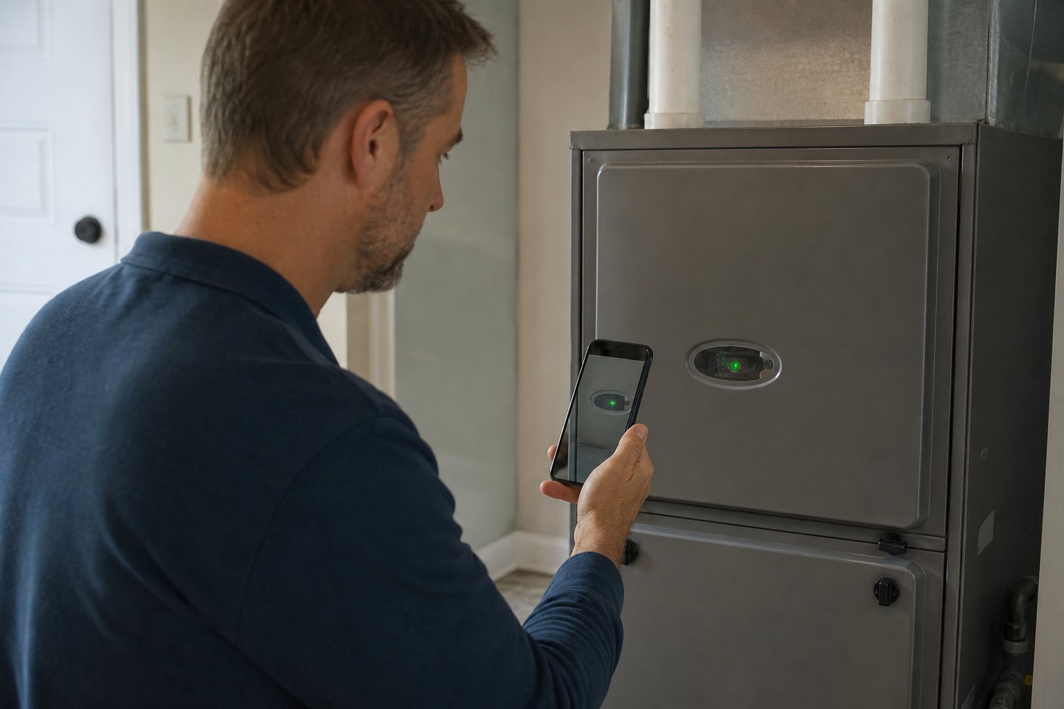 Homeowner photographing a furnace status light through the viewing window without opening the cabinet