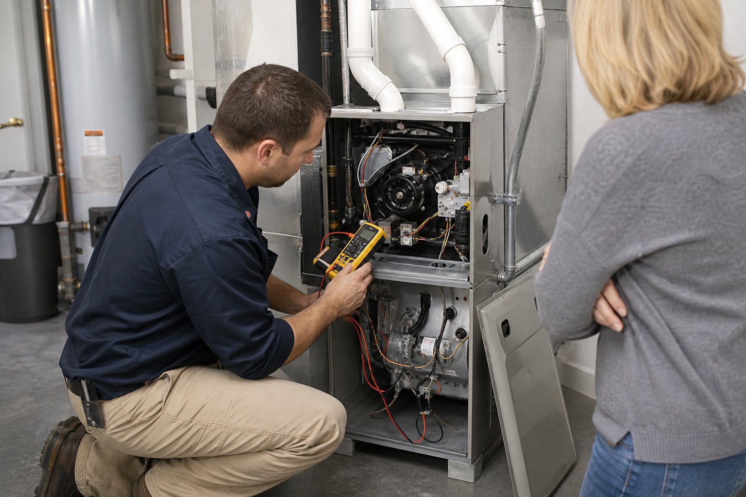 HVAC technician professionally diagnosing an open residential furnace while homeowner observes