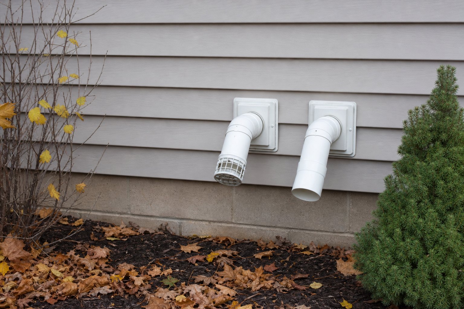 Clear exterior intake and exhaust pipes on a residential home in autumn