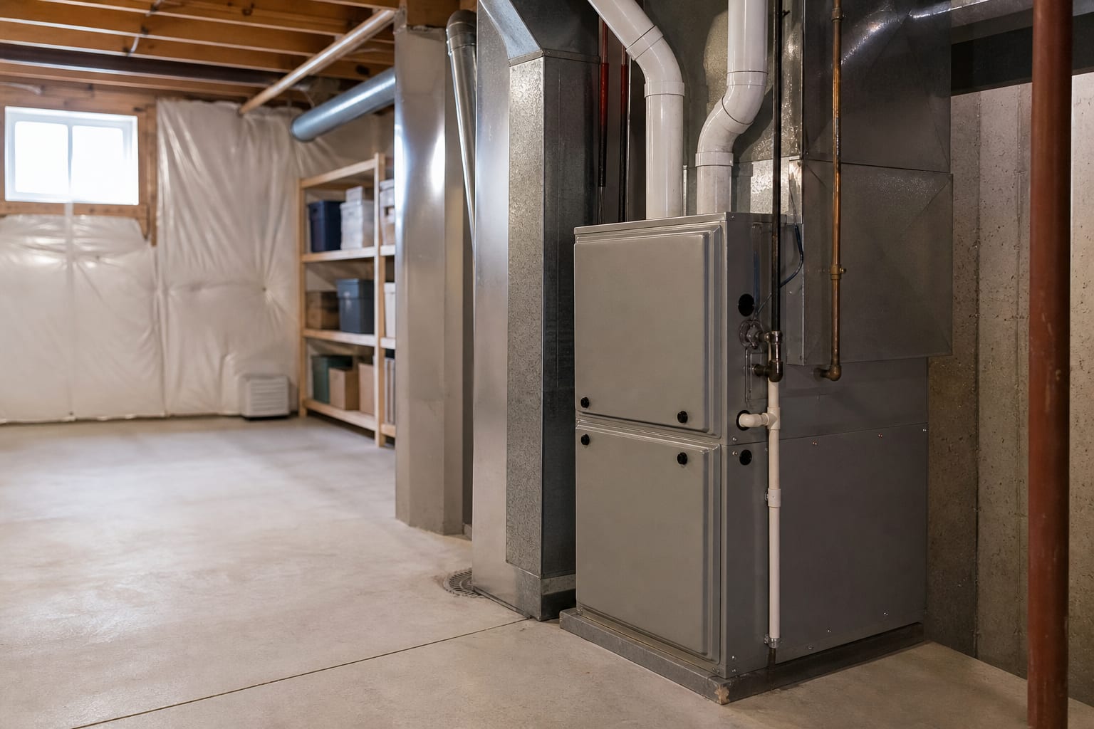 Well-maintained residential gas furnace in a clean basement utility room