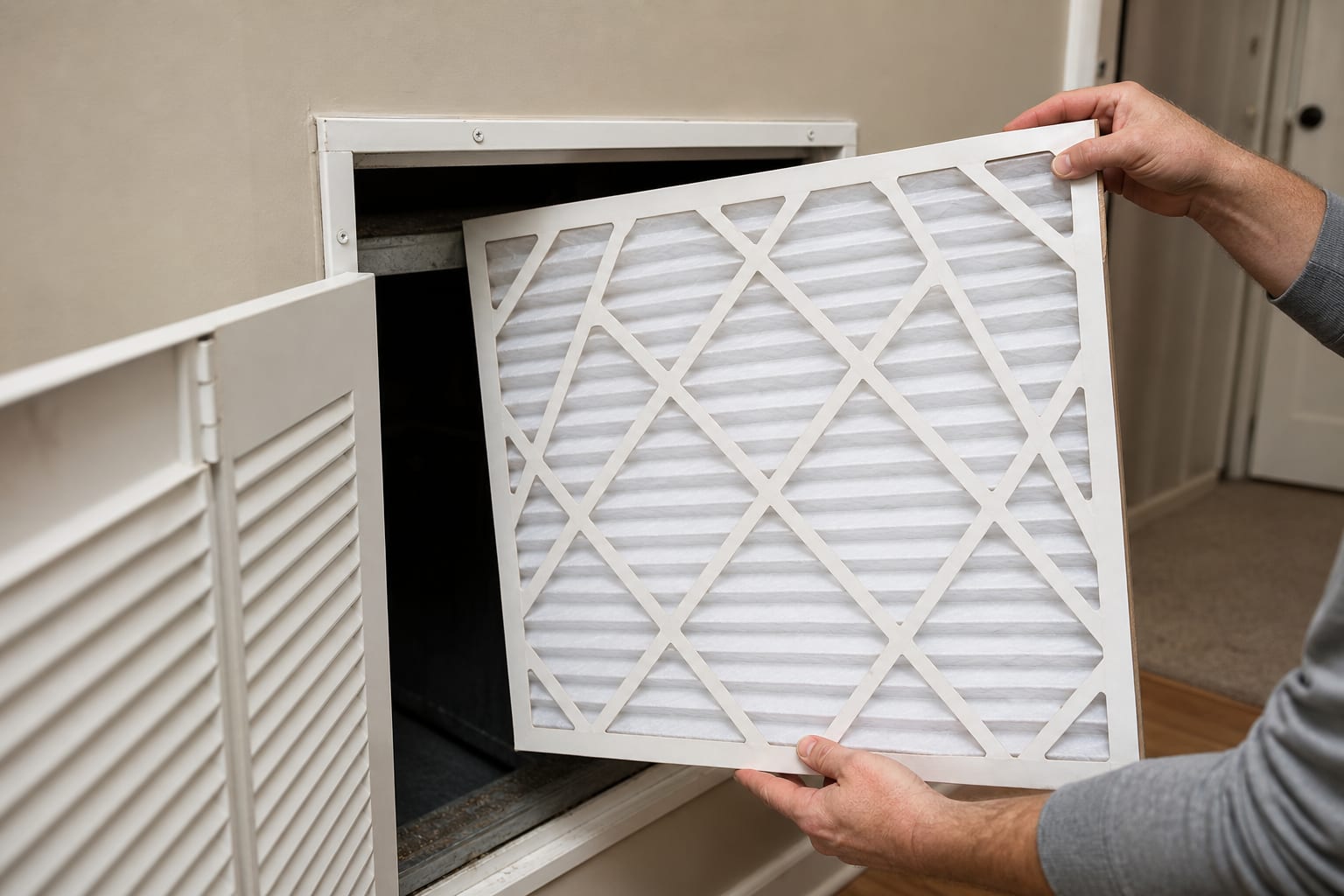 Homeowner removing a clean pleated HVAC filter from a return grille