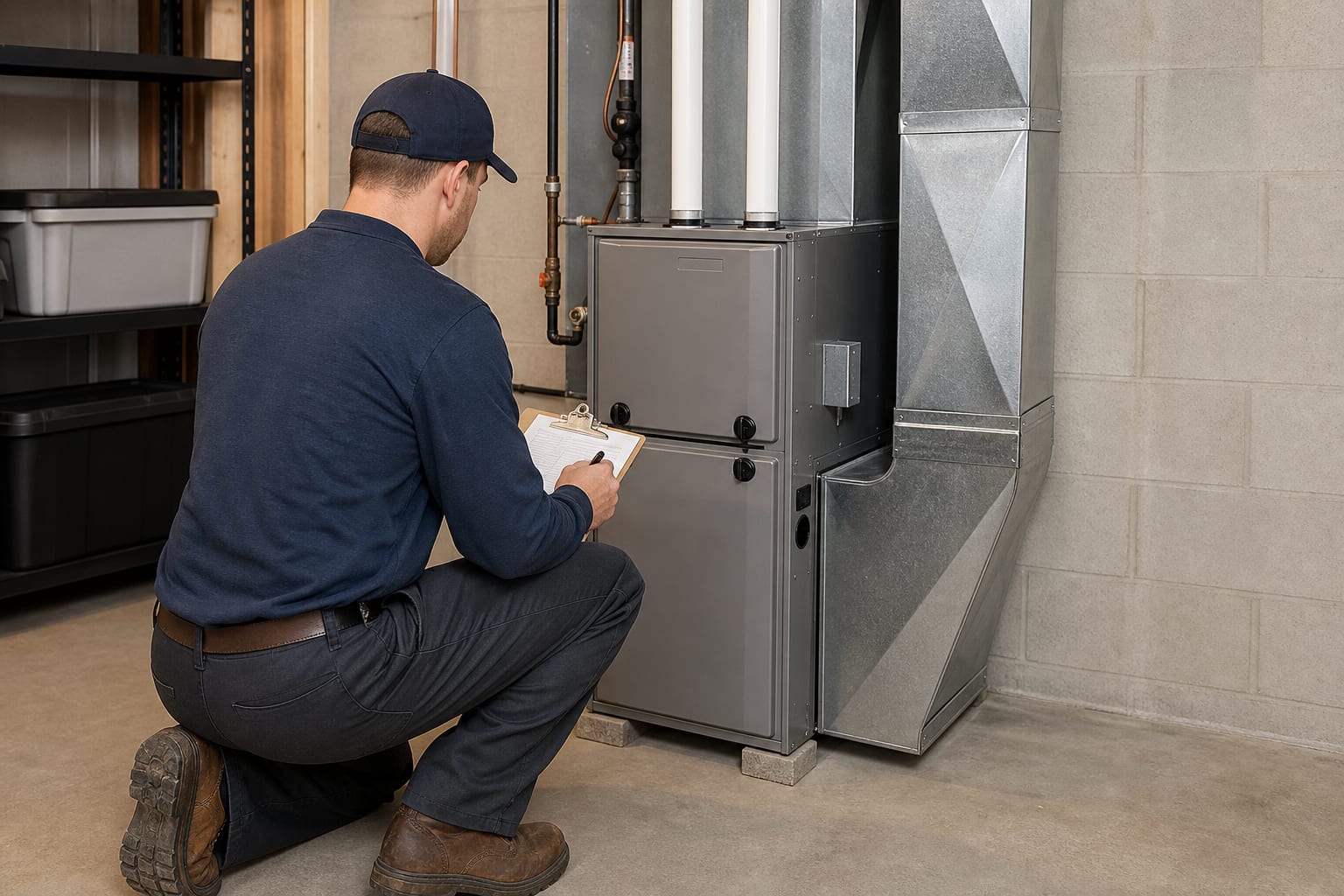 HVAC technician conducting a routine inspection beside a residential furnace