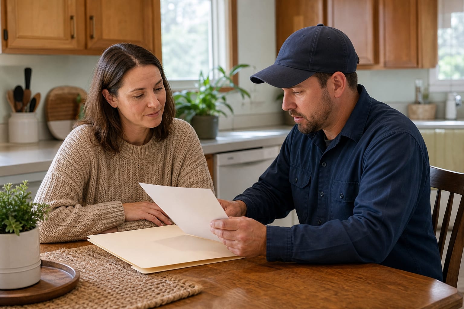 Homeowner and HVAC technician reviewing furnace service options at a kitchen table