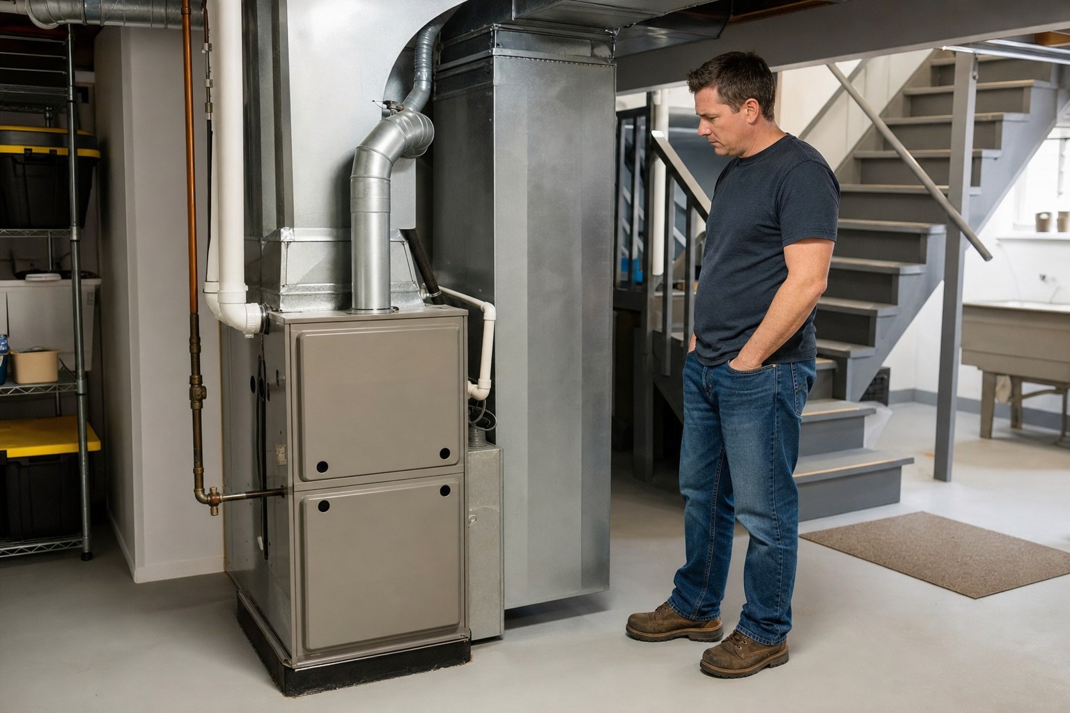 Homeowner standing beside a residential gas furnace in a clean utility room