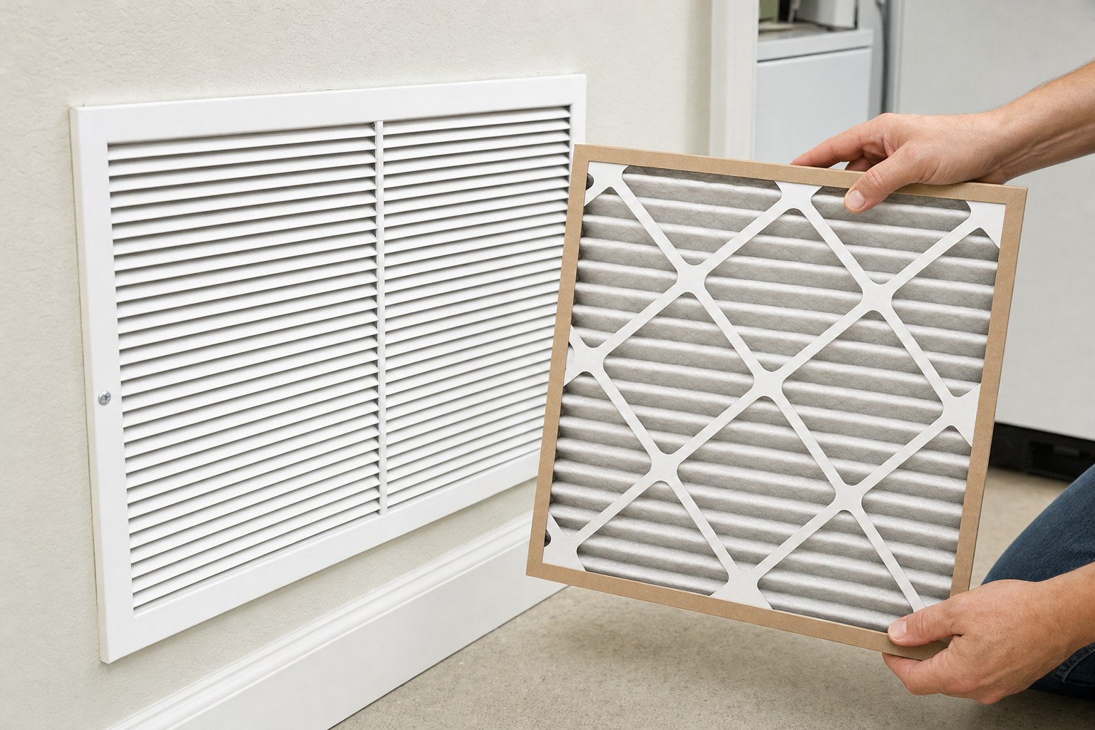 Clean furnace filter held near a return-air grille