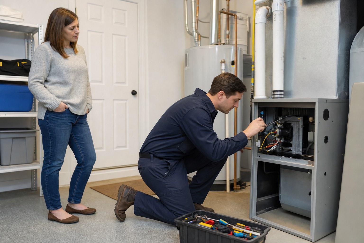 HVAC technician inspecting a residential gas furnace while homeowner observes