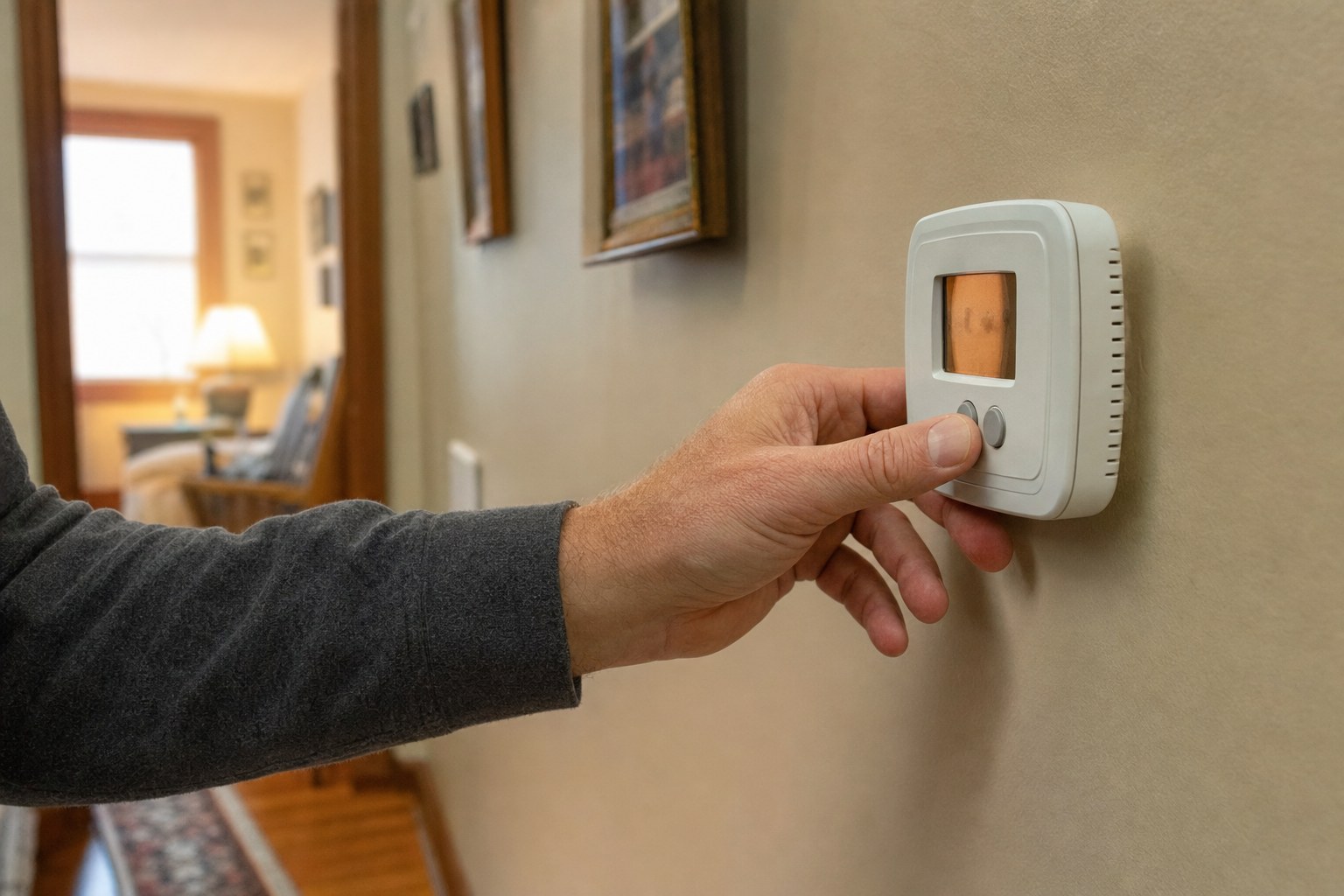 Homeowner adjusting a residential thermostat in heat mode