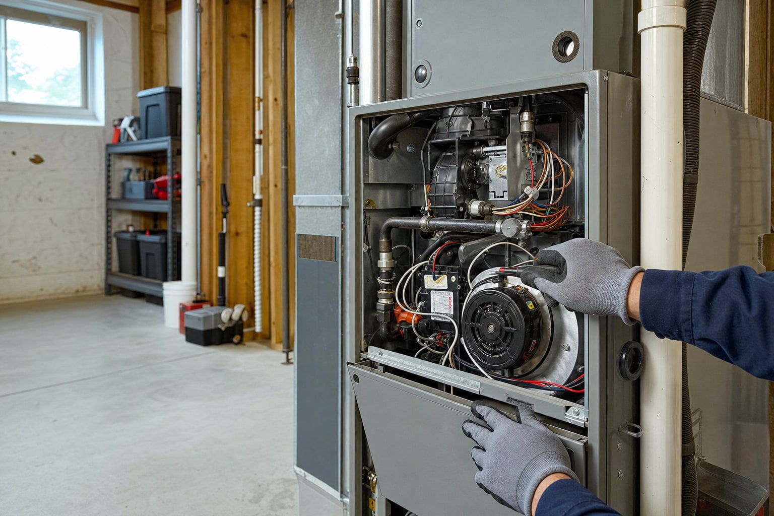 Open residential furnace being inspected