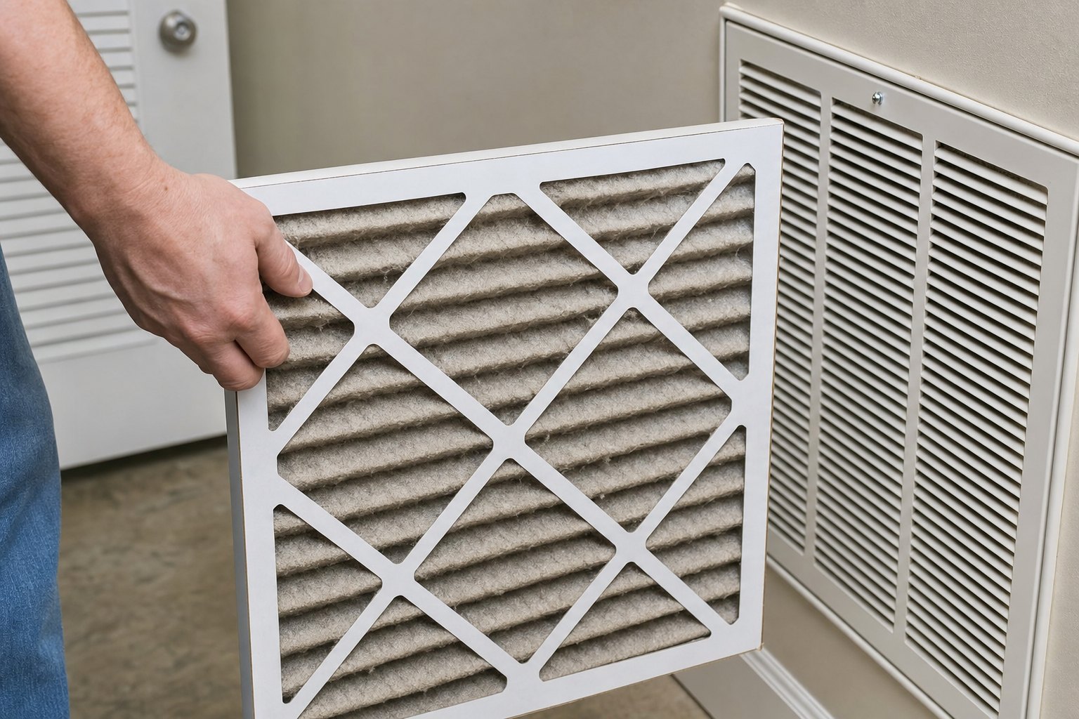 Homeowner holding a dusty furnace filter beside a return grille