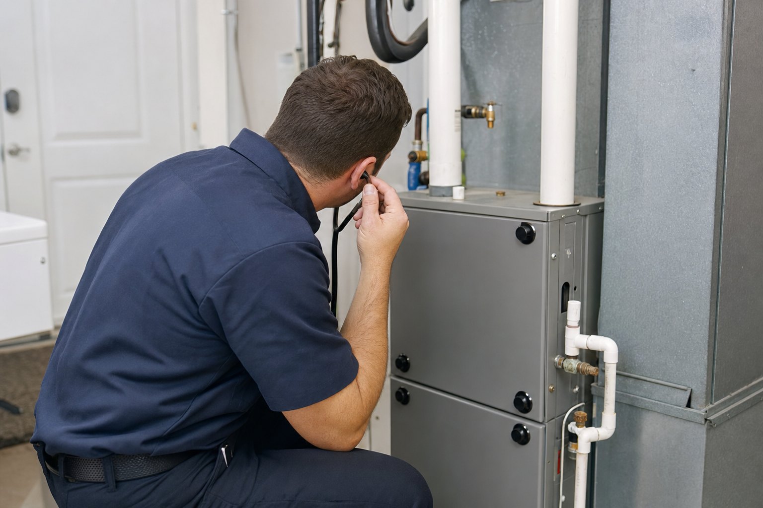 HVAC technician listening near a residential furnace during a service visit