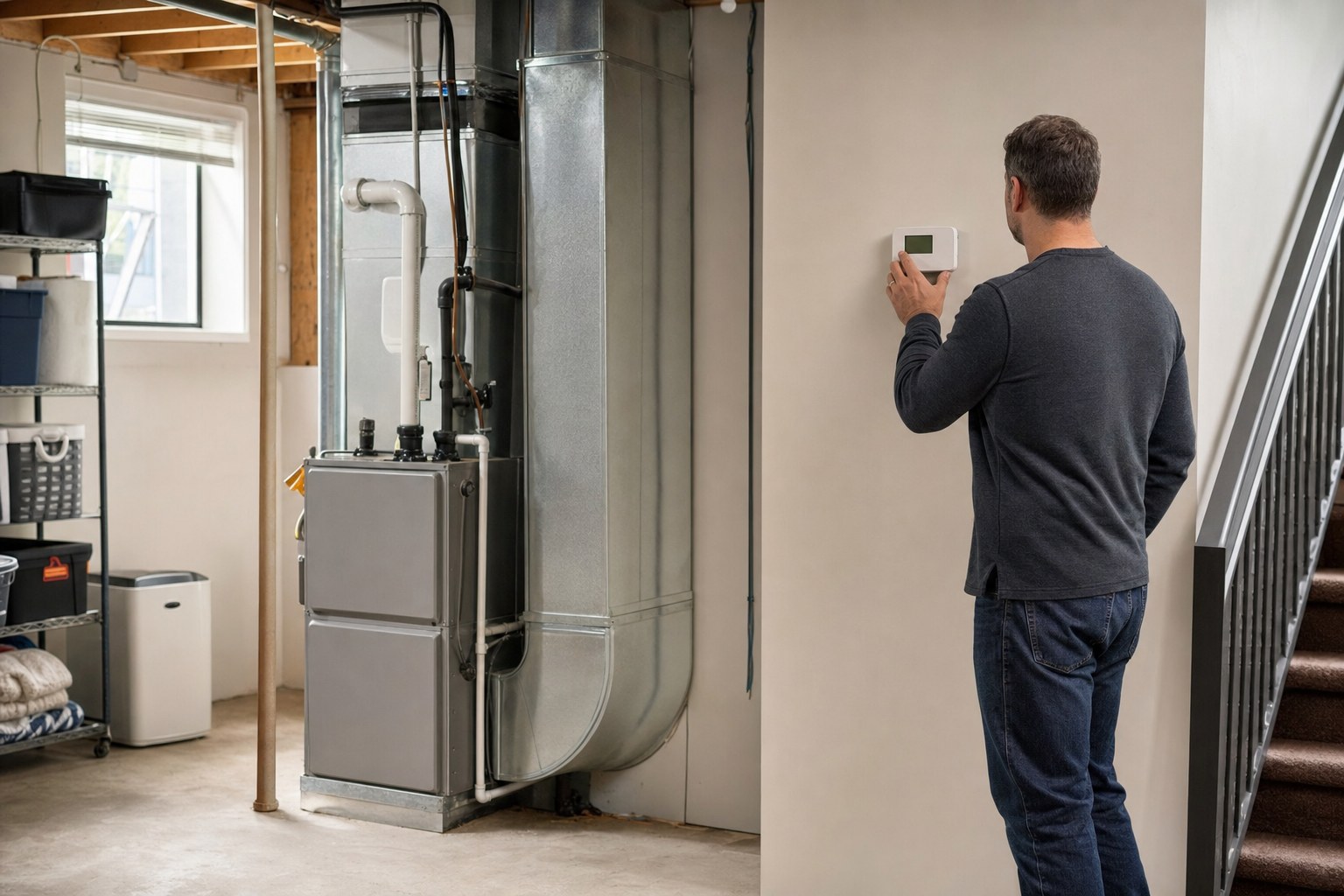 Homeowner checking a thermostat beside a residential furnace
