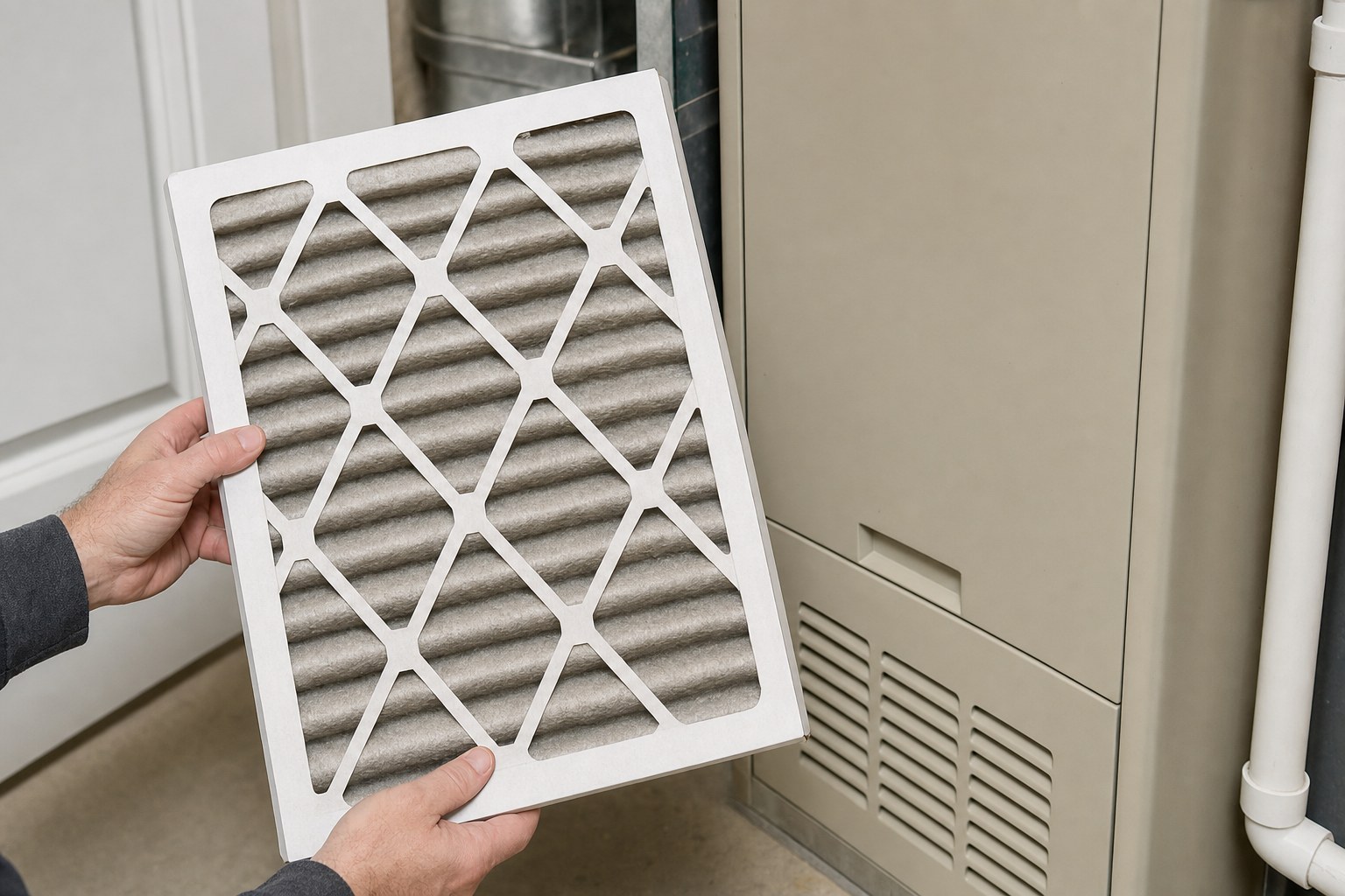 Homeowner holding a dusty pleated furnace filter beside residential heating equipment