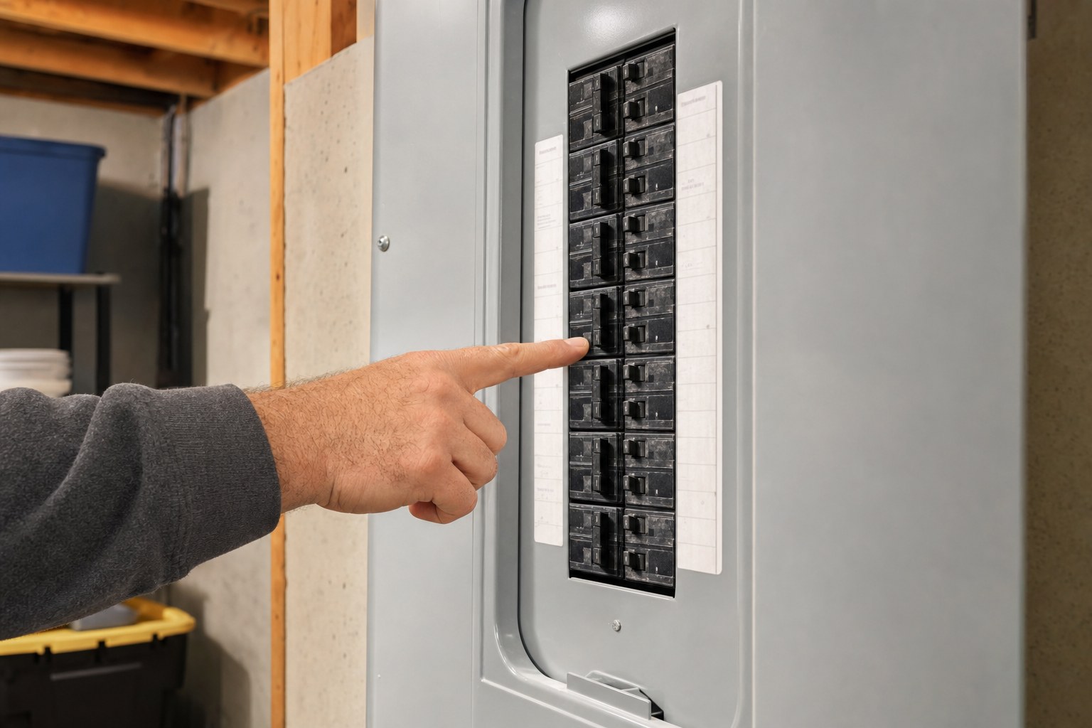 Homeowner checking a closed electrical breaker panel during a furnace power check