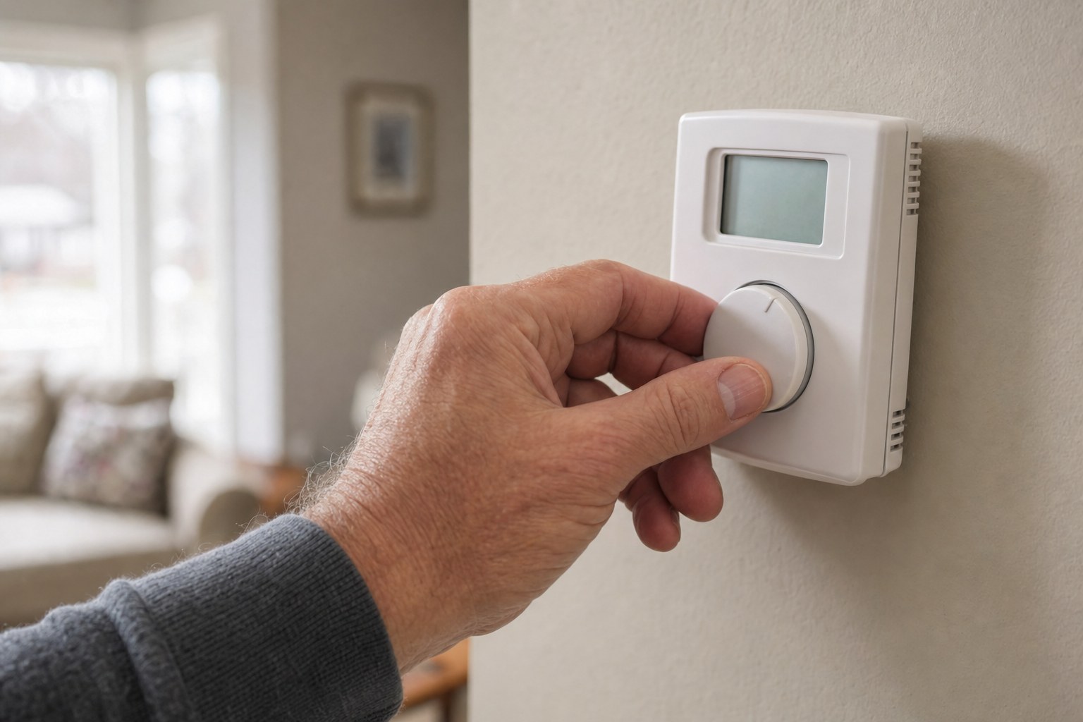 Homeowner setting a thermostat during a furnace check