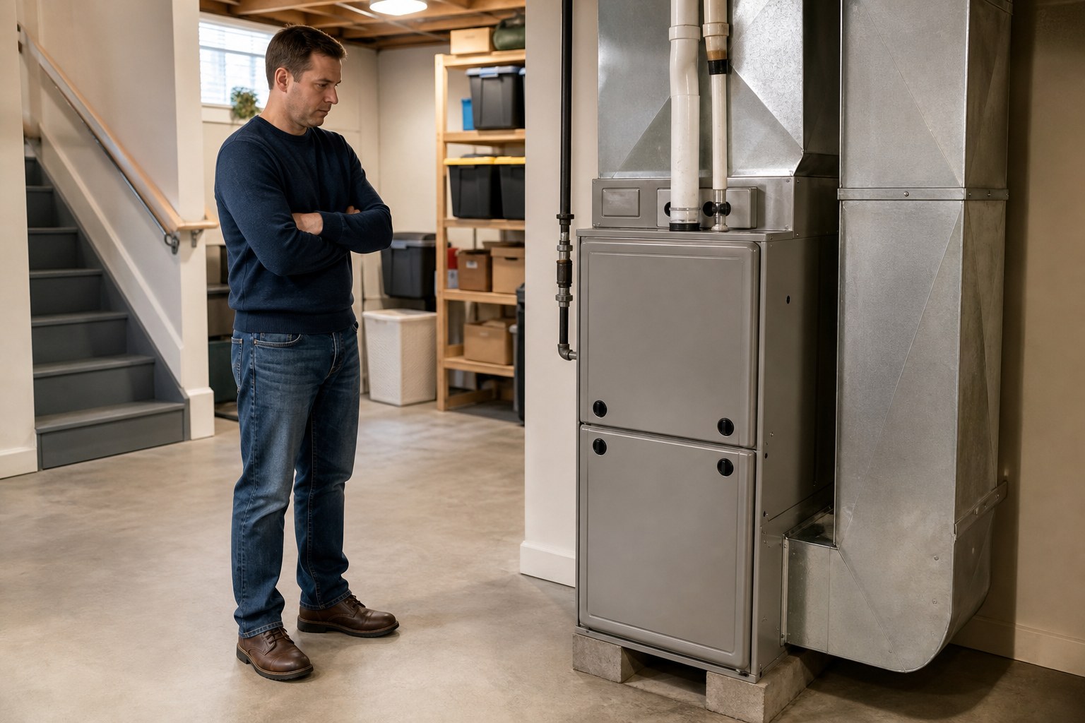Homeowner looking at a residential high-efficiency furnace in a utility room