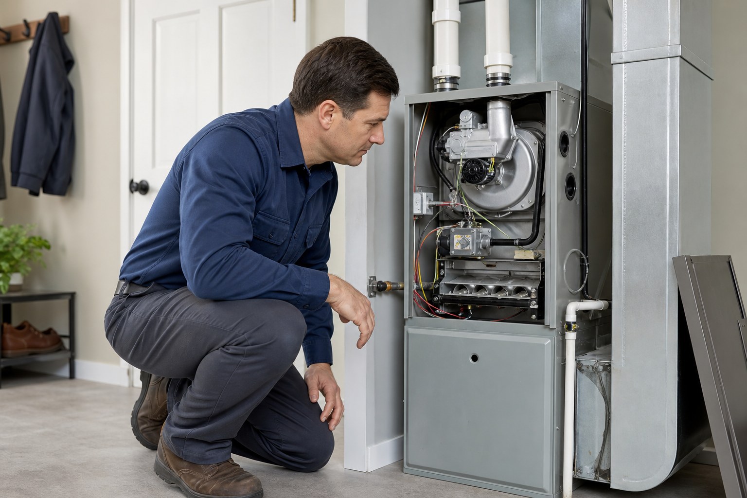 HVAC technician inspecting an open residential furnace during a service visit