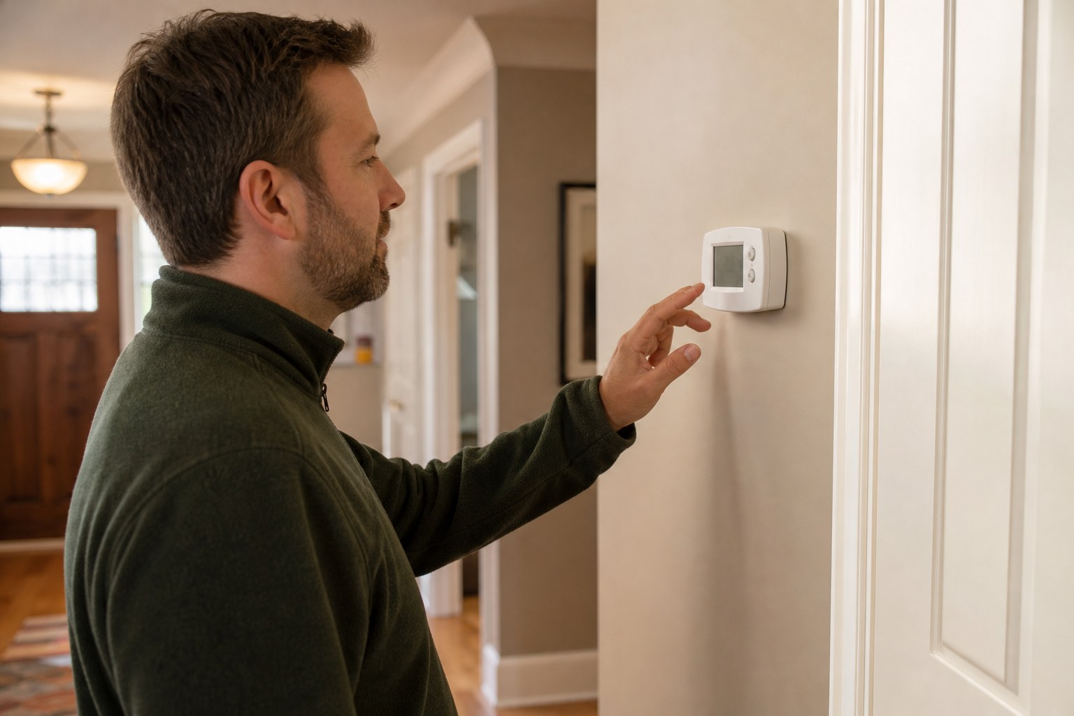 Homeowner checking a wall thermostat set to heat