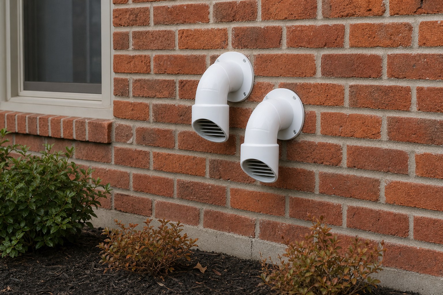 Clear exterior PVC furnace vent pipes on a brick home