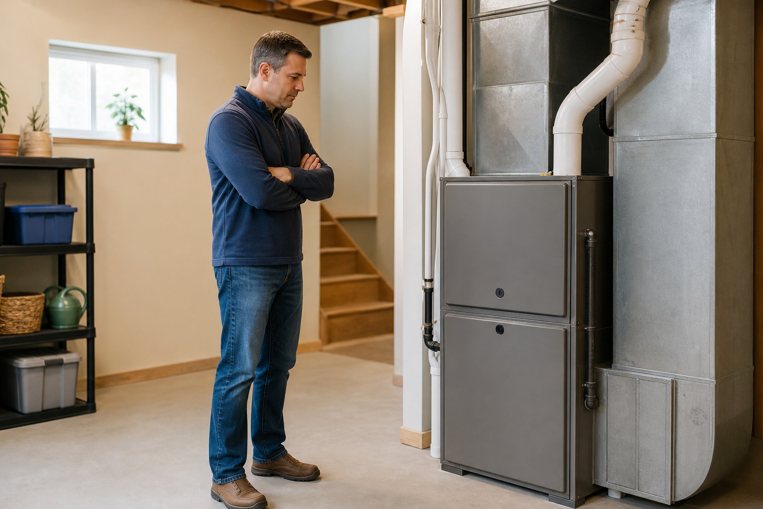 Homeowner pausing beside a residential furnace before attempting a reset
