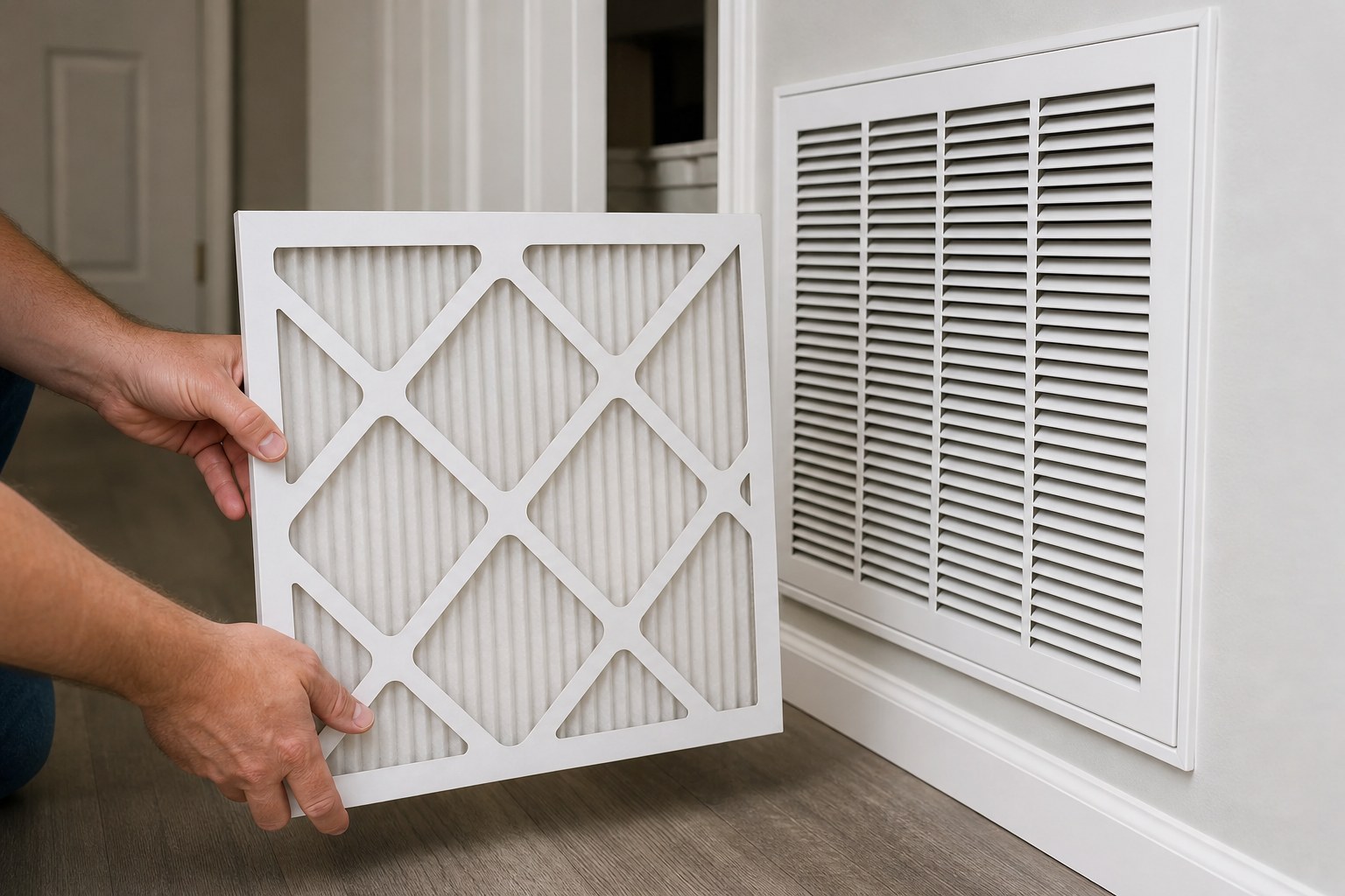 Clean furnace filter held beside a home return-air grille