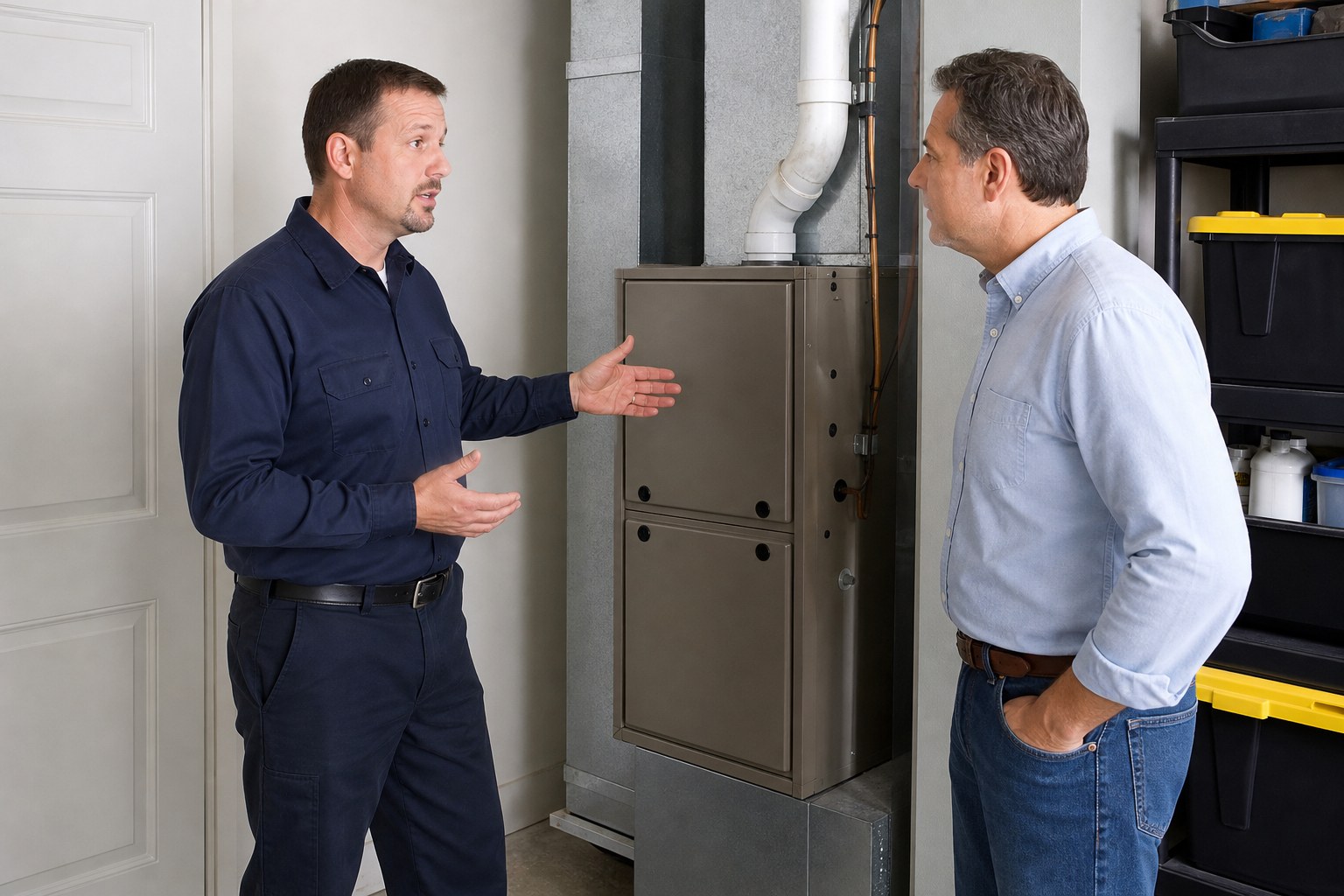 HVAC technician explaining residential furnace service findings to a homeowner