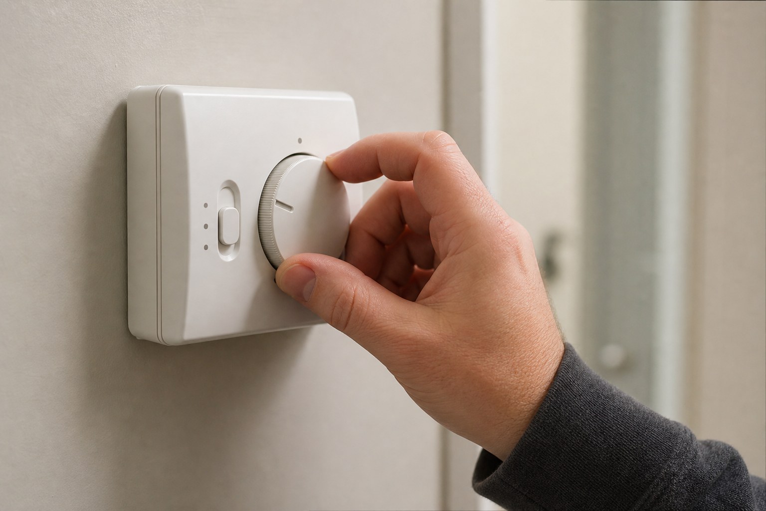 Homeowner adjusting a wall thermostat before checking a furnace